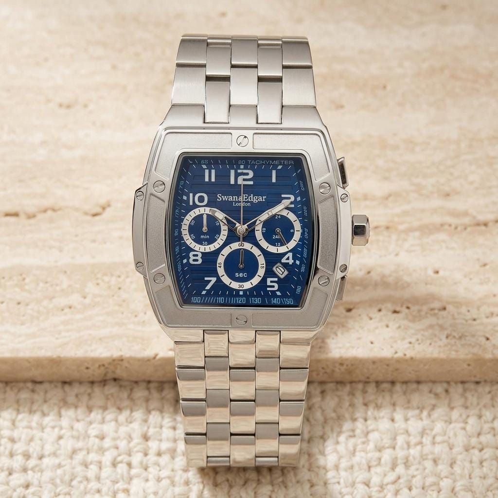 Swan & Edgar Silver Tone & Blue Chronograph Watch