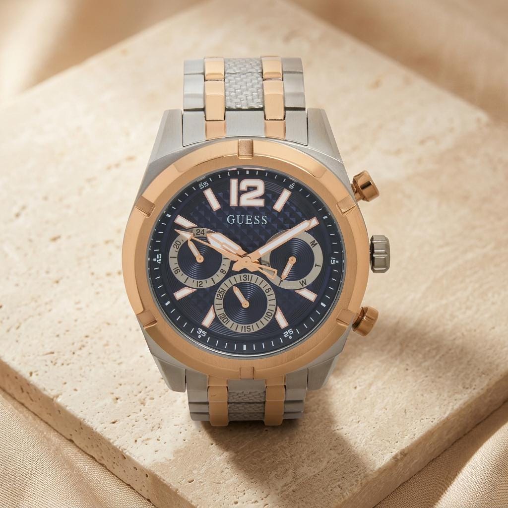 Guess Silver & Rose Gold Chronograph Watch, Blue Textured Dial