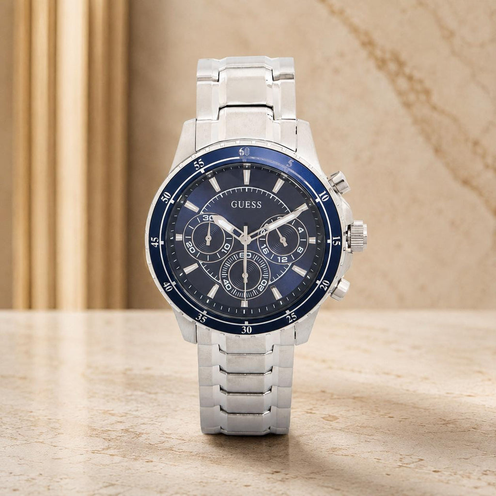 Guess Blue & Silver Tone Longitude Three Hand Analogue Watch