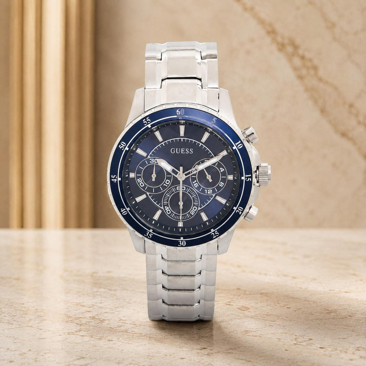 Guess Blue & Silver Tone Longitude Three Hand Analogue Watch
