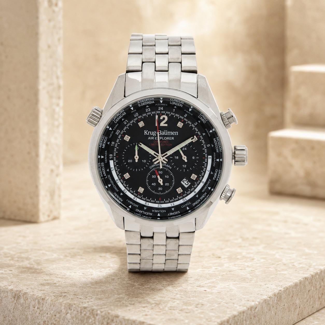 Krug-Baumen Stainless Steel Air Explorer Diamond Chronograph Watch