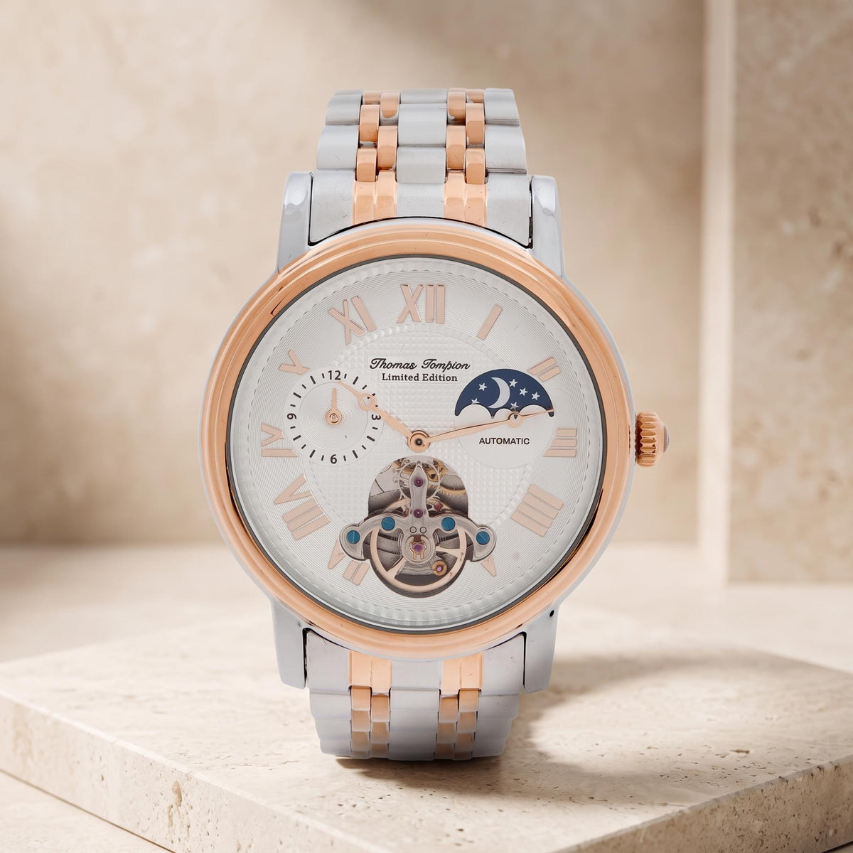 Thomas Tompion Silver & Rose Gold Tone Automatic Chronograph Watch