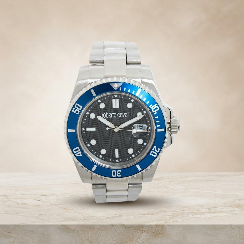 Roberto Cavalli Silver & Blue Diver Watch