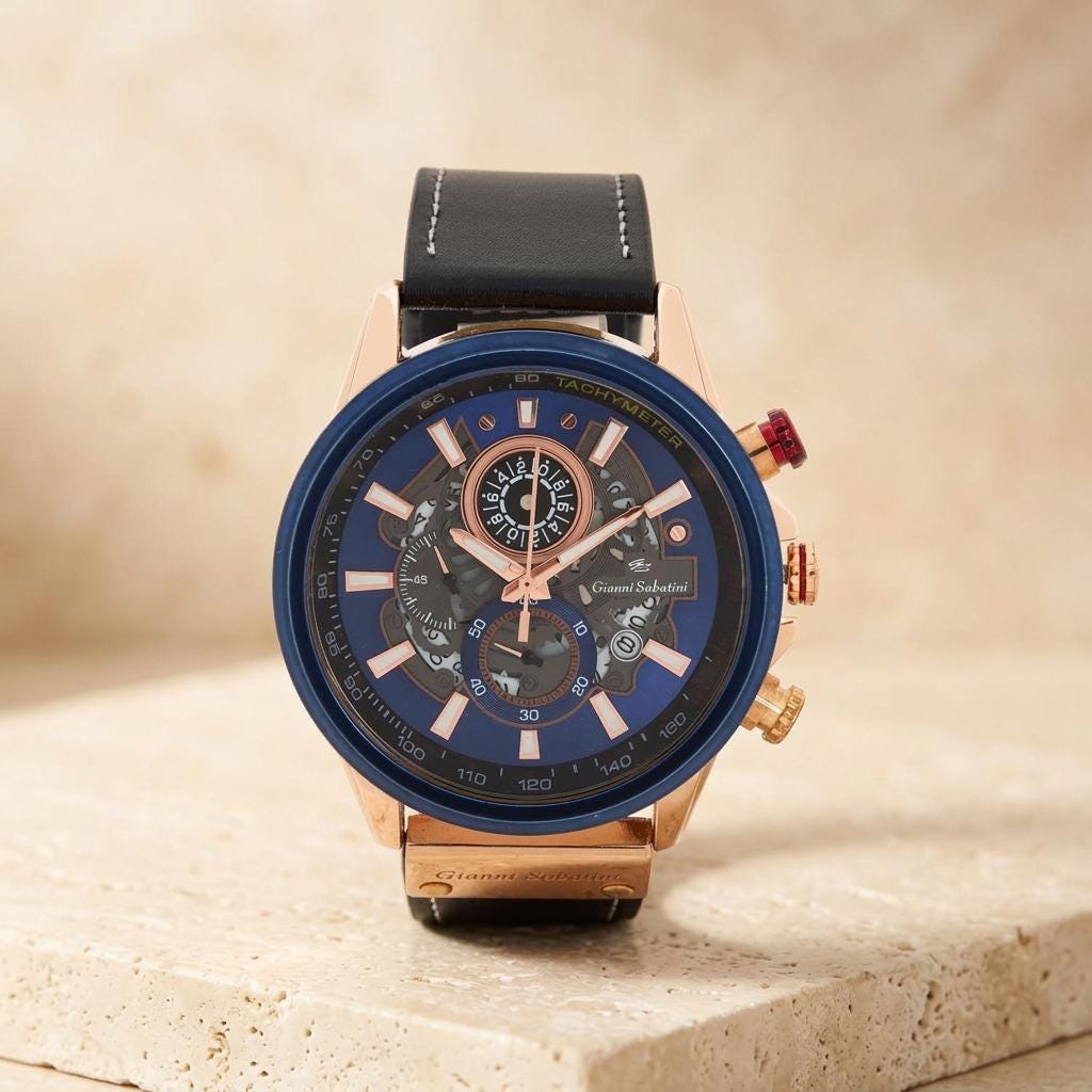 Gianni Sabatini Chronograph Watch, Rose Gold Blue Skeleton