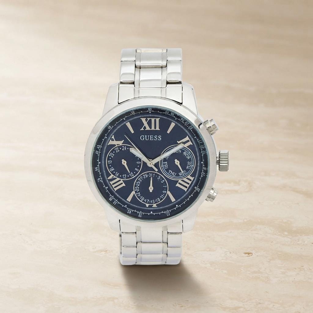 Guess Blue & Silver Chronograph Watch, Stainless Steel, Roman Numerals