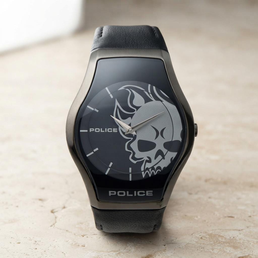 Police Black Leather Watch, Skull Dial