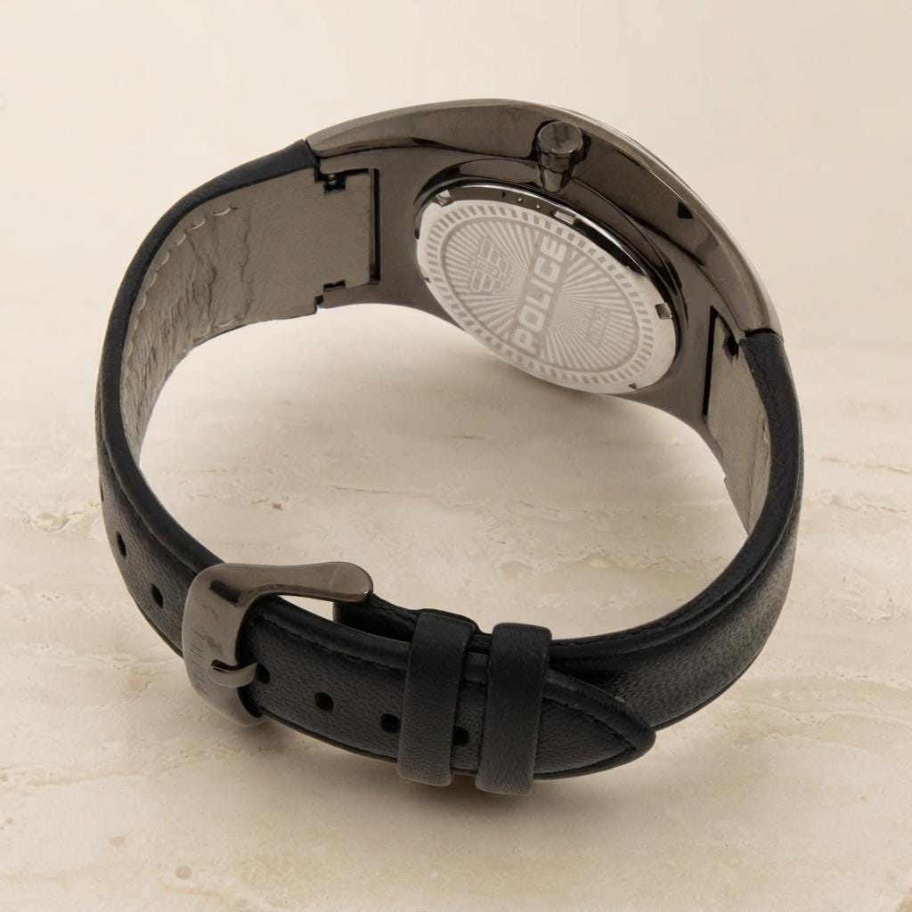 Police Black Leather Watch, Skull Dial