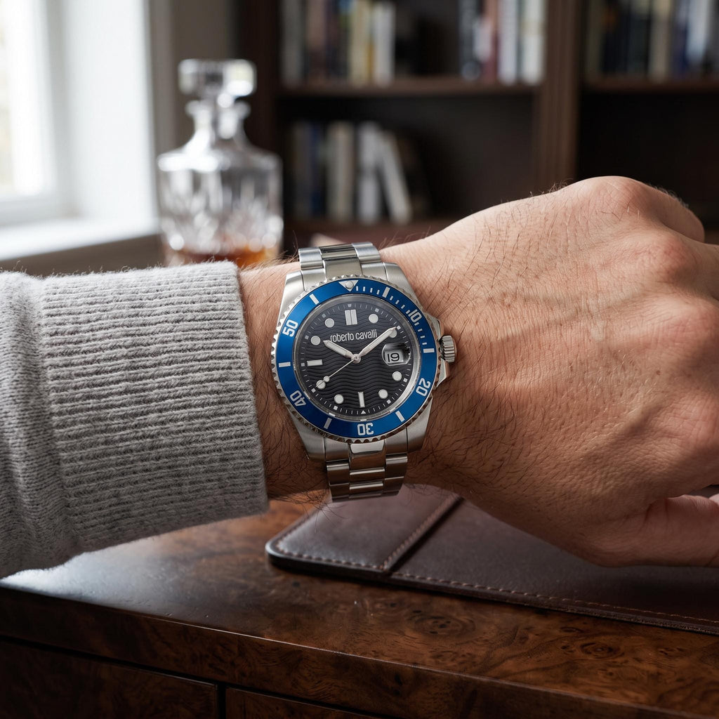 Roberto Cavalli Silver & Blue Diver Watch