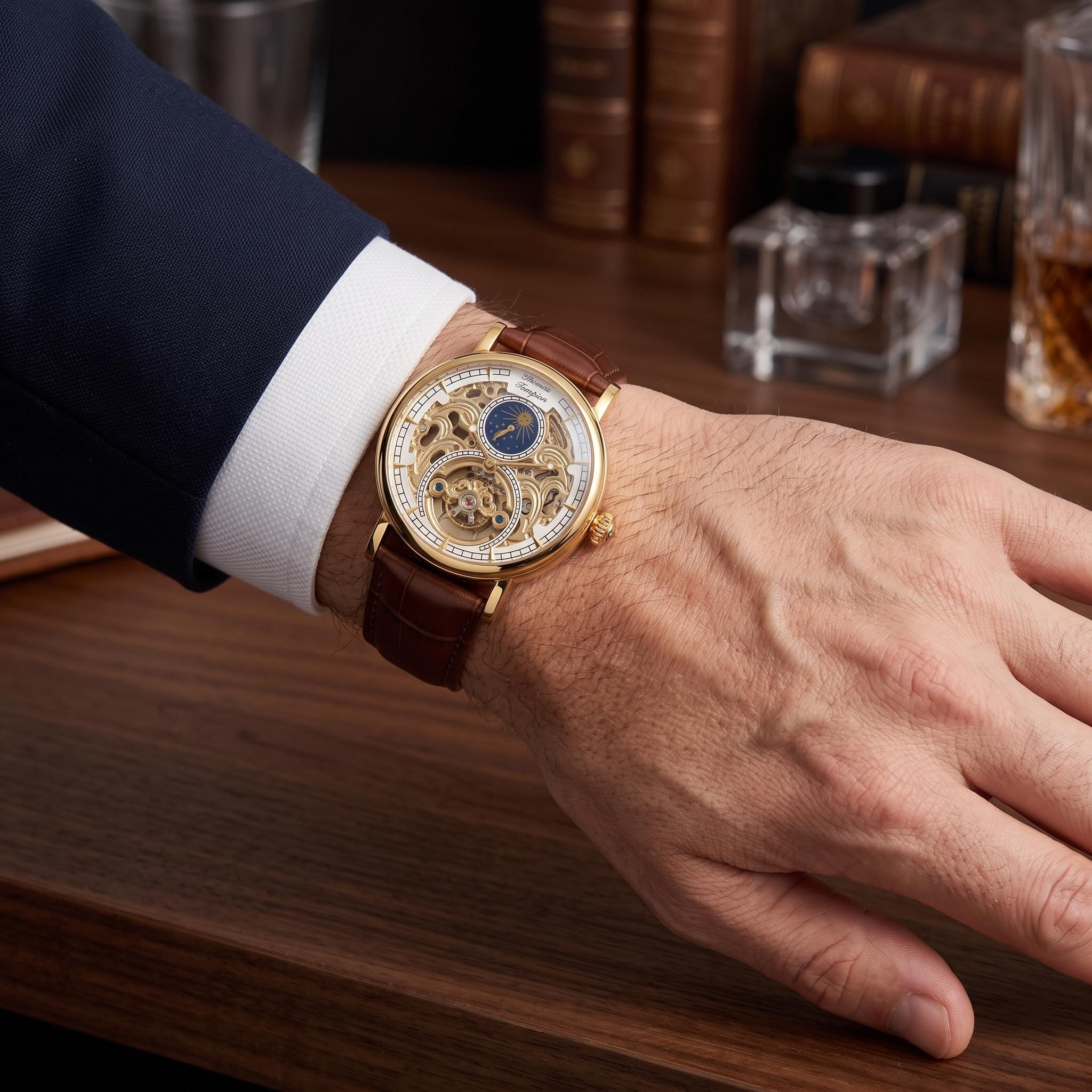 Thomas Tompion Brown Leather Automatic Skeleton Watch