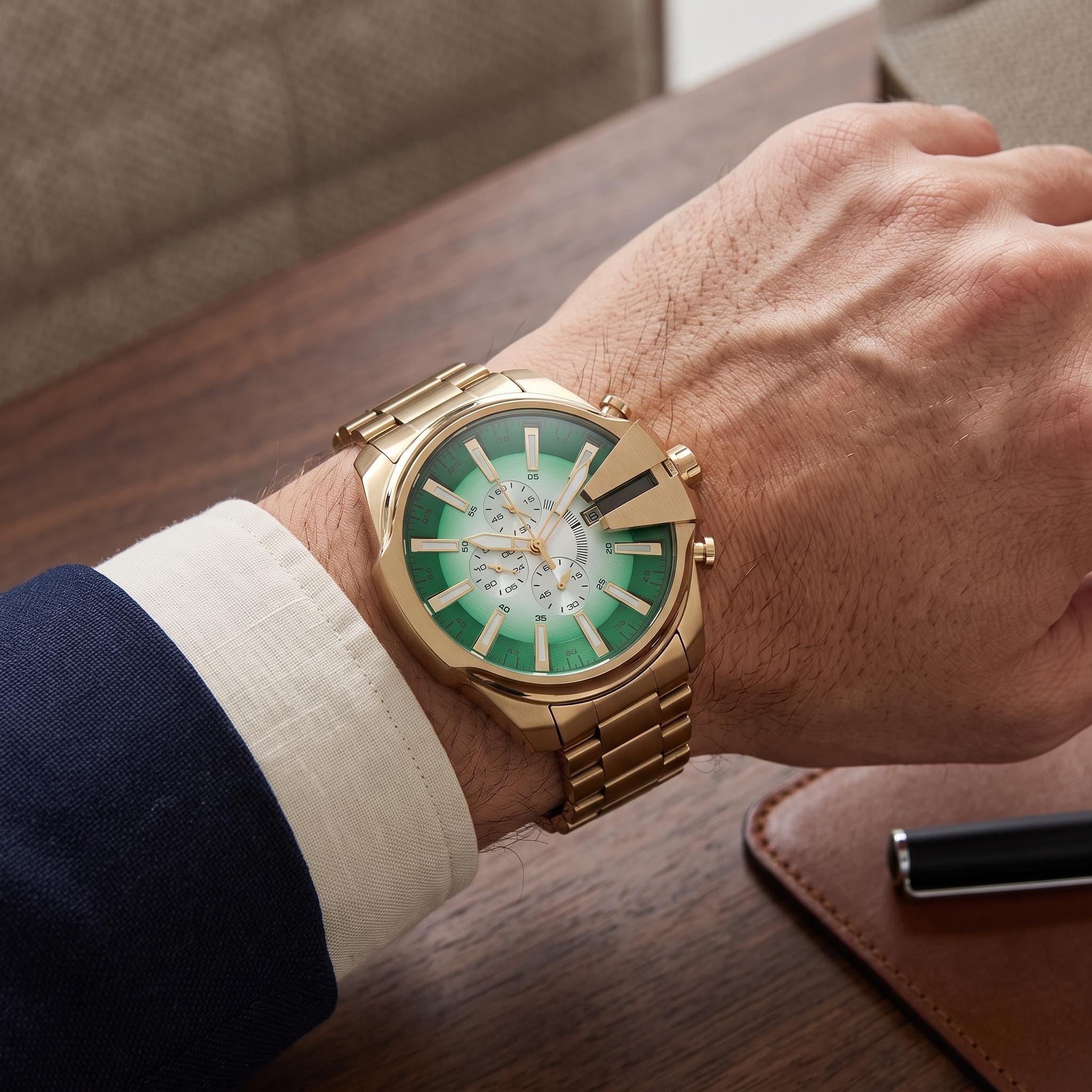 Diesel Gold-Tone Mega Chief Chronograph Watch, Green Dial