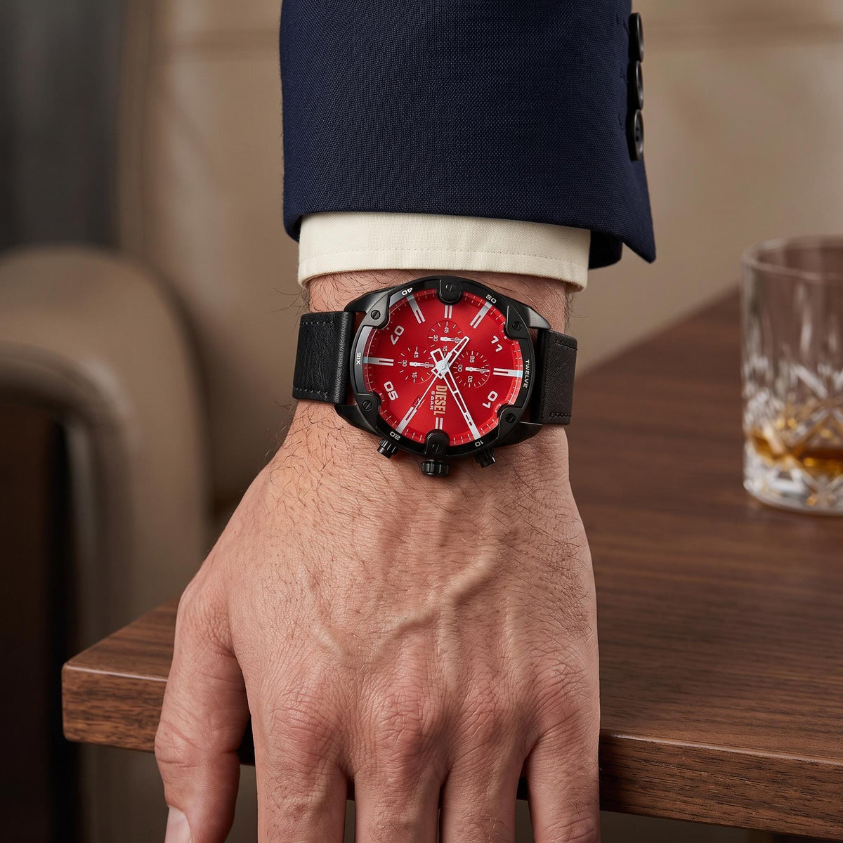 Diesel Black Chronograph Watch, Red Dial