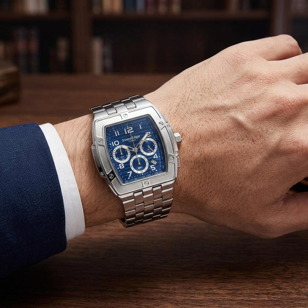 Swan & Edgar Silver Tone & Blue Chronograph Watch