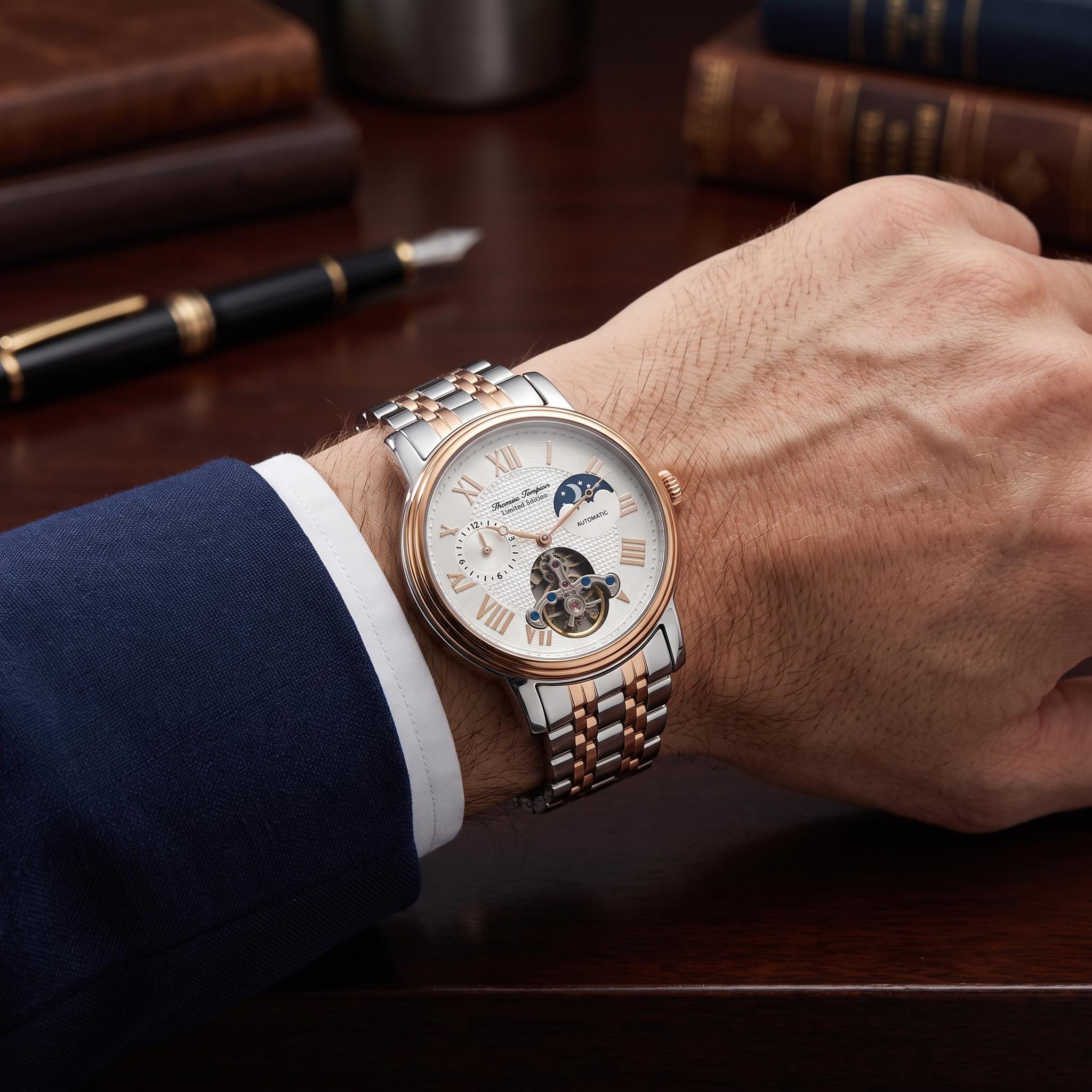 Thomas Tompion Silver & Rose Gold Tone Automatic Chronograph Watch