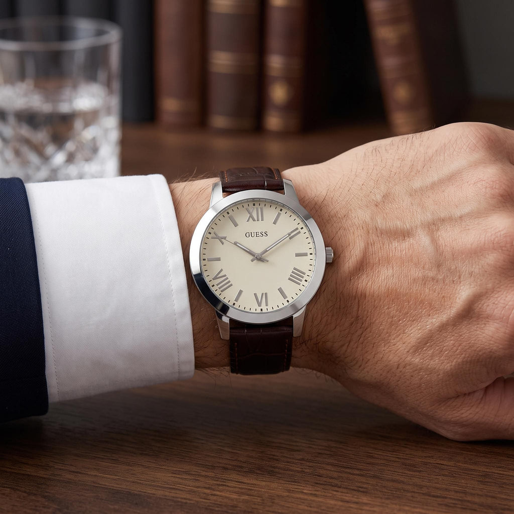 Guess Brown & Silver Watch, Leather