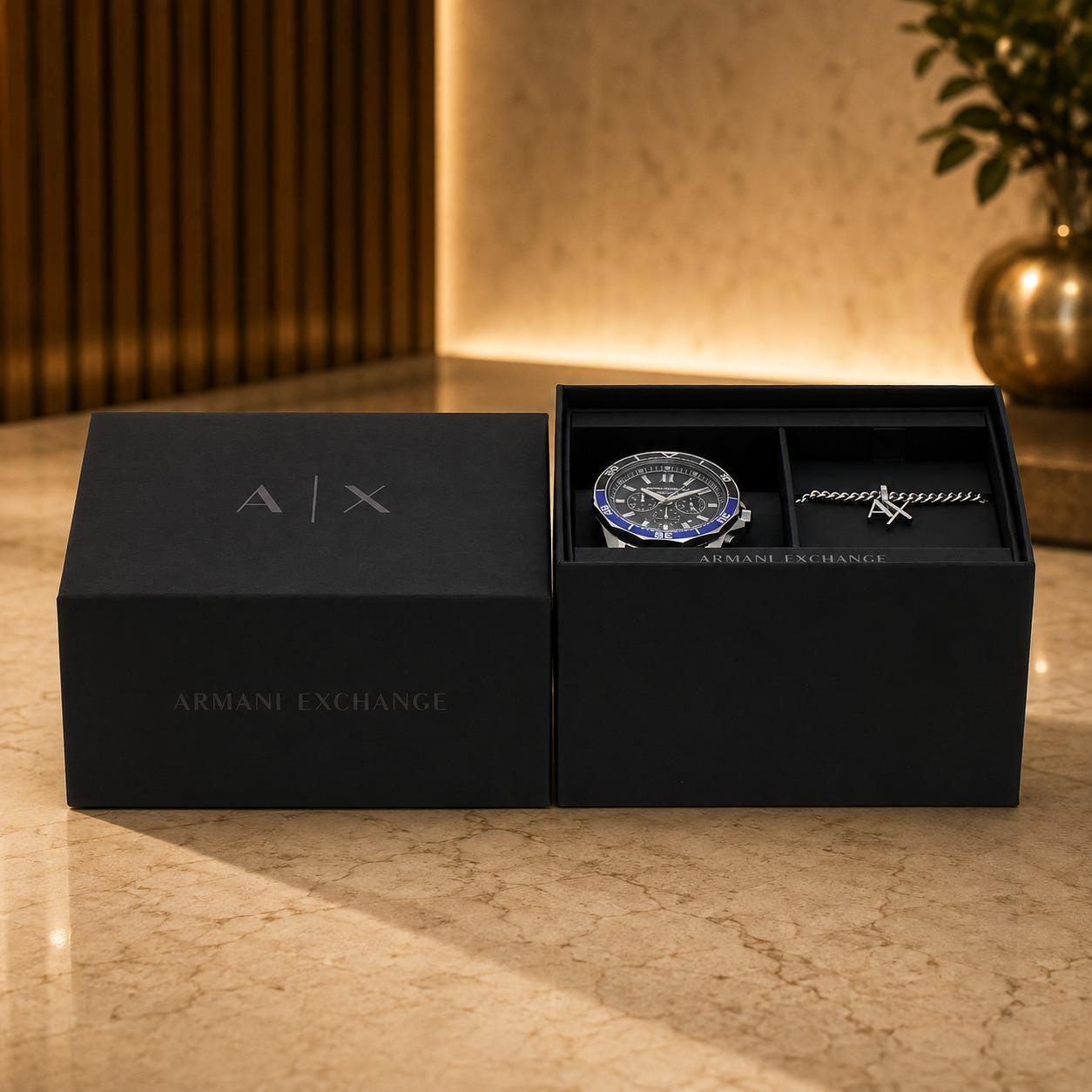 Armani Exchange Stainless Steel Chronograph Watch & Necklace Set