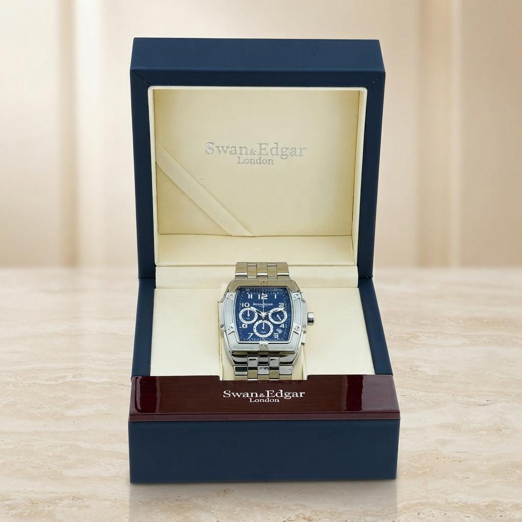 Swan & Edgar Silver Tone & Blue Chronograph Watch