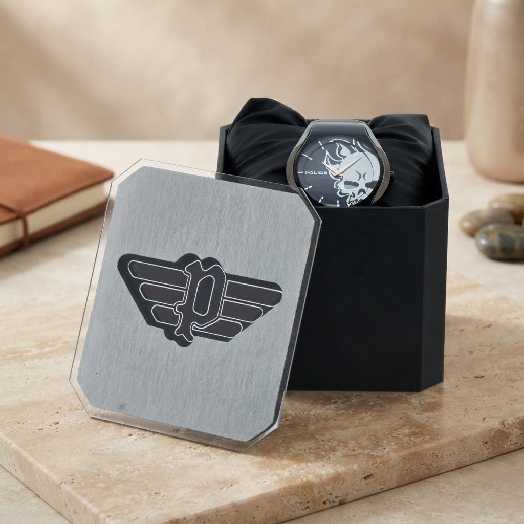 Police Black Leather Watch, Skull Dial