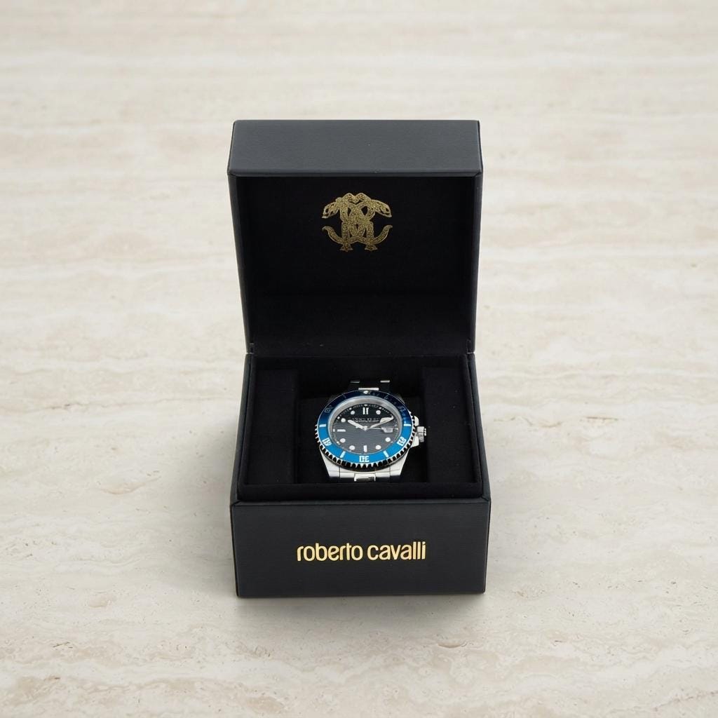 Roberto Cavalli Silver & Blue Diver Watch