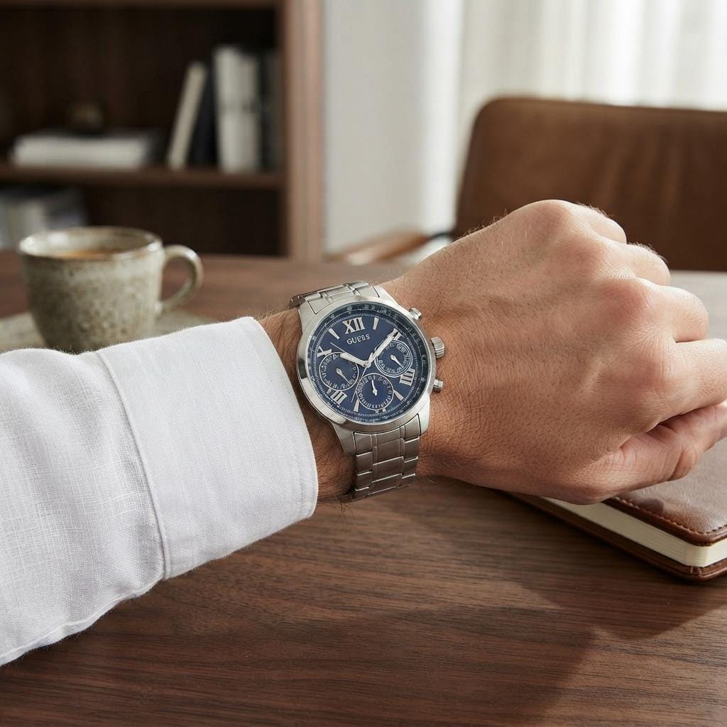 Guess Blue & Silver Chronograph Watch, Stainless Steel, Roman Numerals