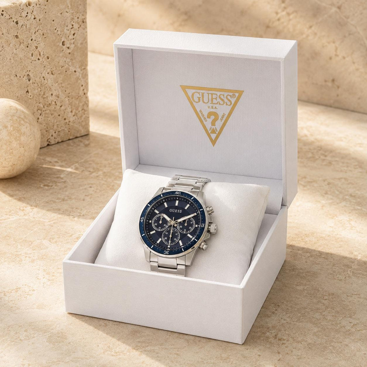 Guess Blue & Silver Tone Longitude Three Hand Analogue Watch