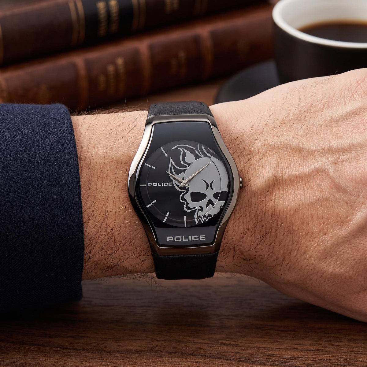 Police Black Leather Watch, Skull Dial