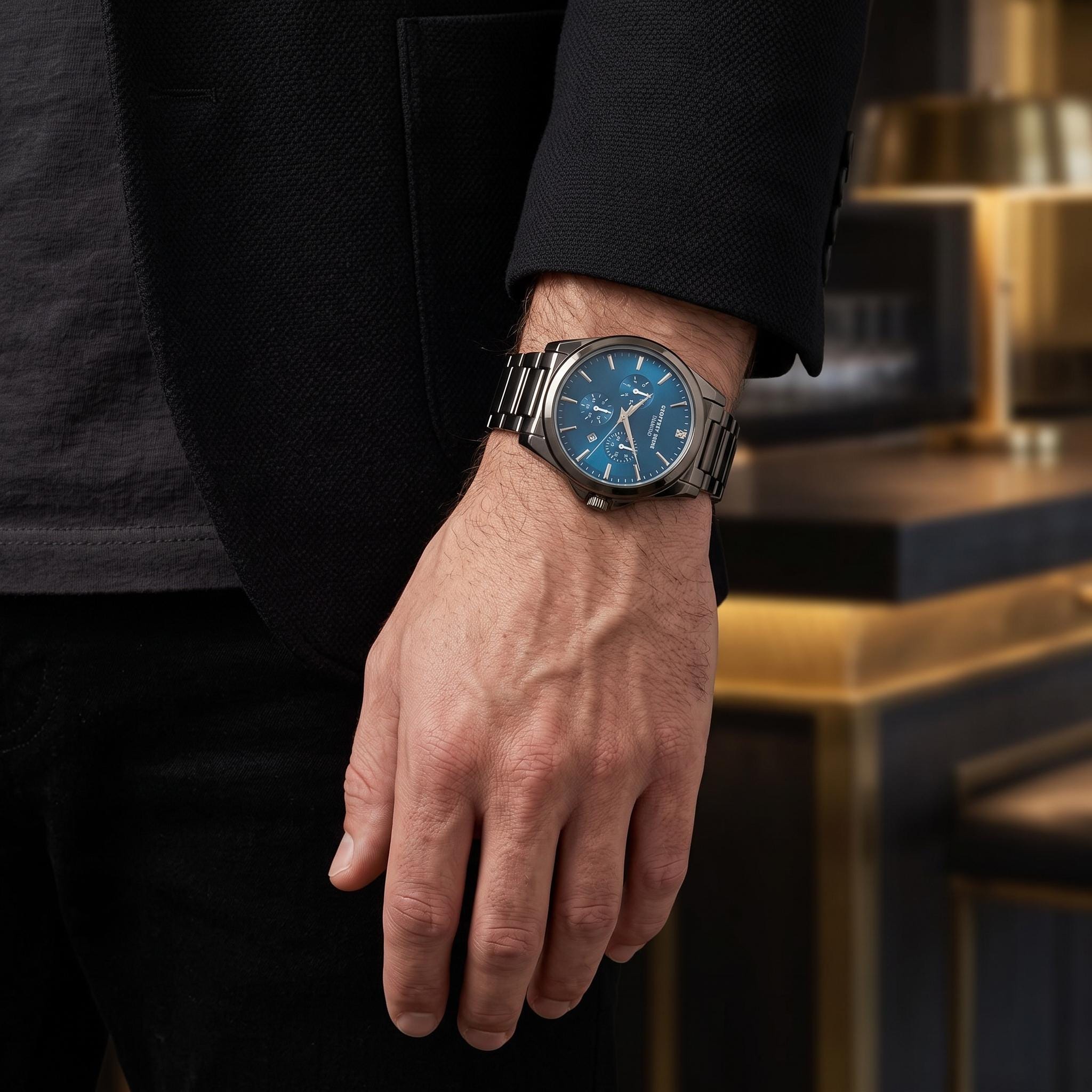 Geoffrey Beene Gunmetal & Blue Chronograph Watch