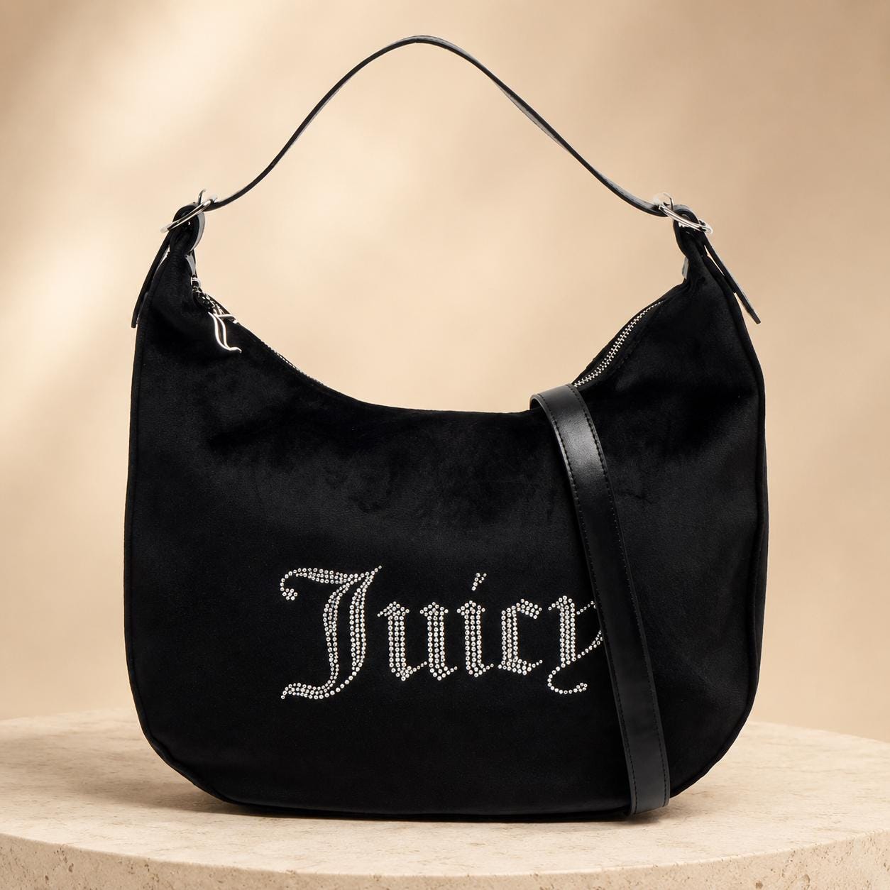 Juicy Couture Black Velour Embellished Logo Shoulder Bag