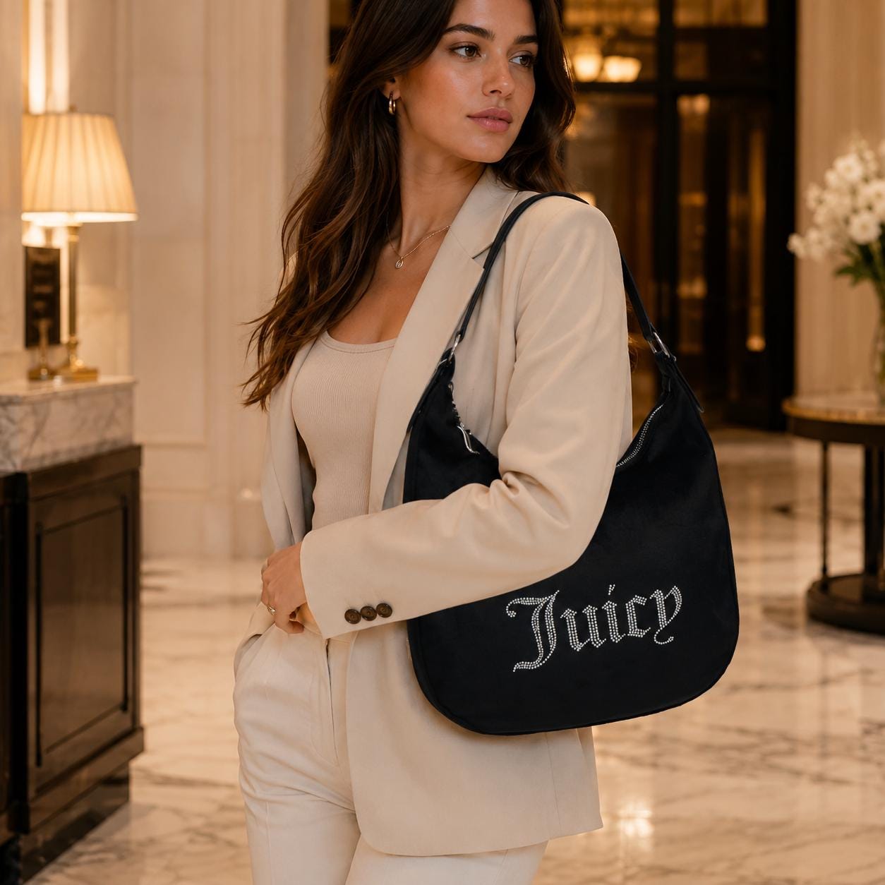 Juicy Couture Black Velour Embellished Logo Shoulder Bag