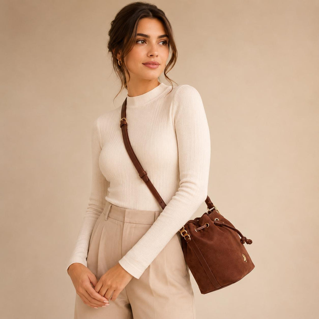 U.S. Polo Assn. Brown Suede-Look Drawstring Bucket Bag