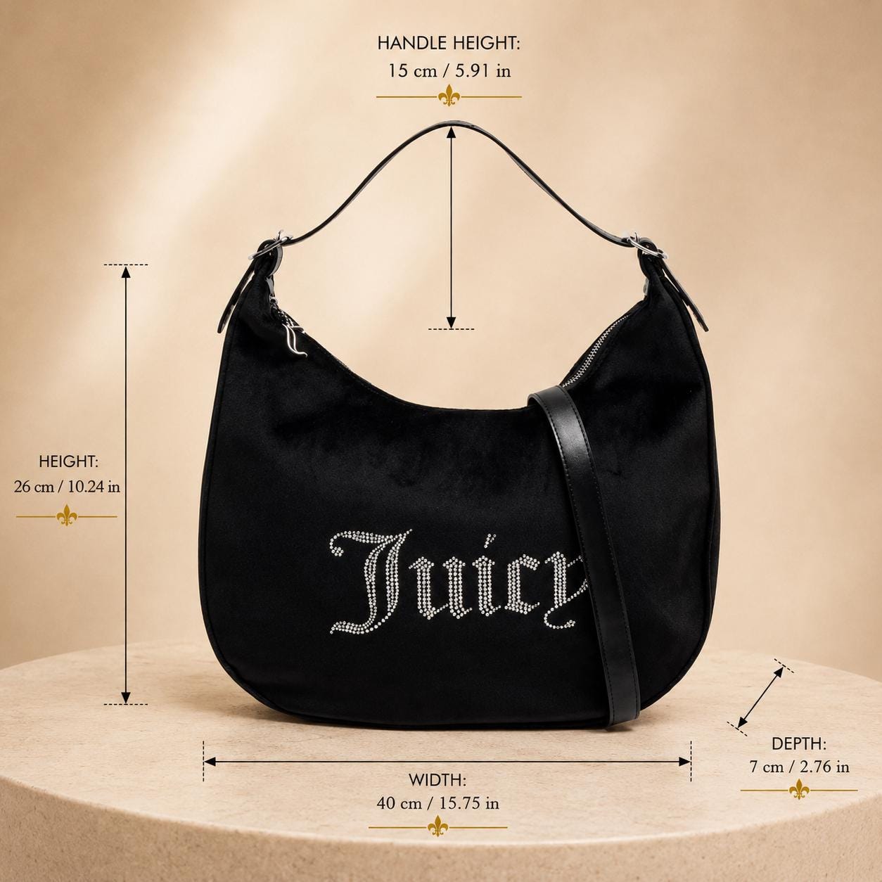 Juicy Couture Black Velour Embellished Logo Shoulder Bag