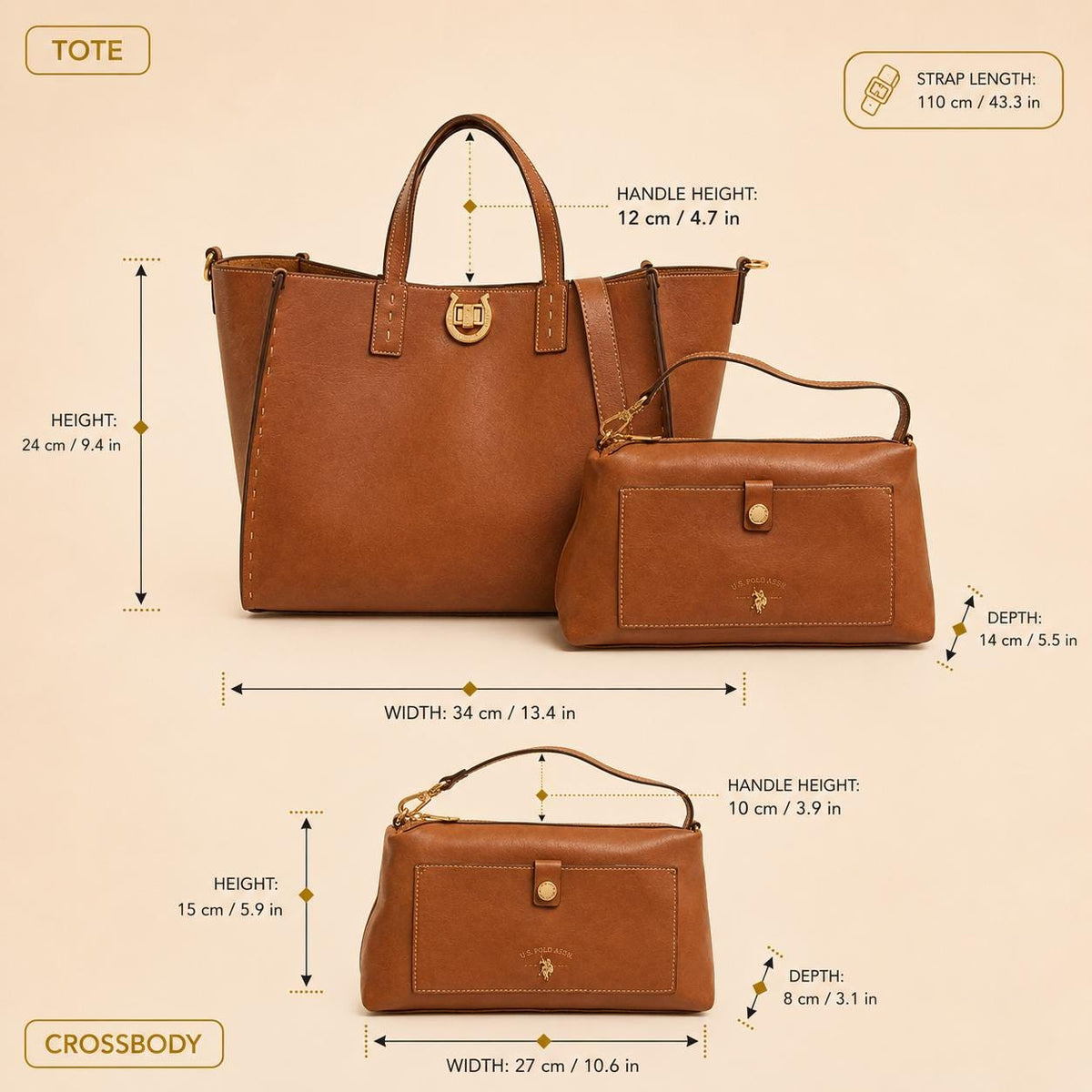 U.S. Polo Assn. Brown Tote Bag Set, Shoulder Bag & Crossbody