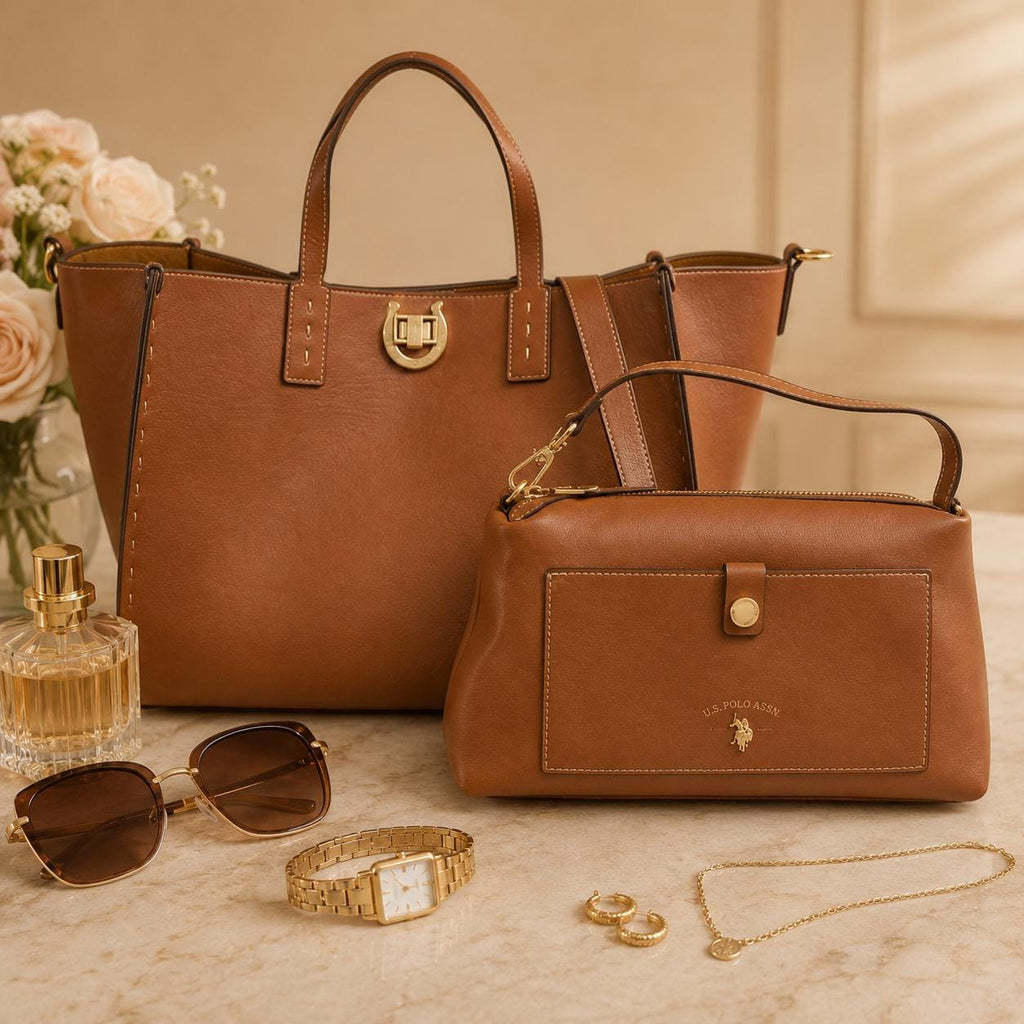 U.S. Polo Assn. Brown Tote Bag Set, Shoulder Bag & Crossbody