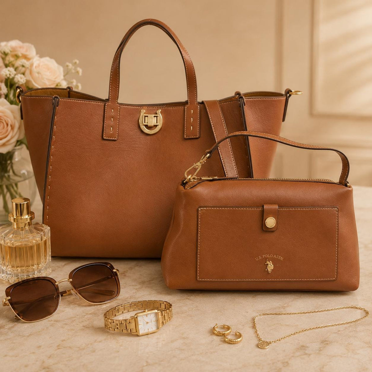 U.S. Polo Assn. Brown Tote Bag Set, Shoulder Bag & Crossbody