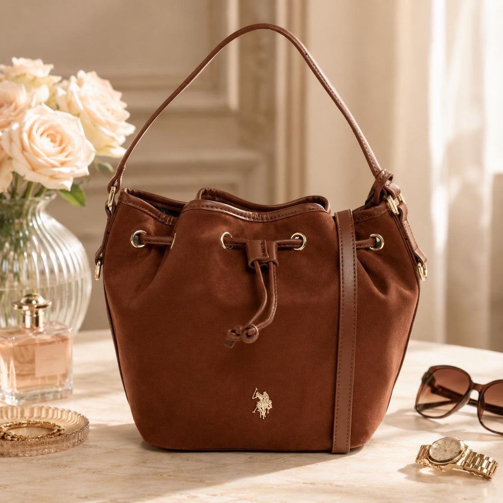 U.S. Polo Assn. Brown Suede-Look Drawstring Bucket Bag