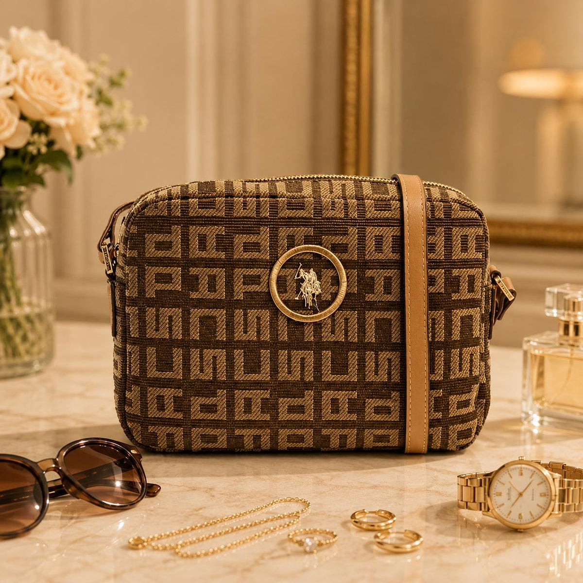 U.S. Polo Assn. Brown Jacquard Crossbody Bag
