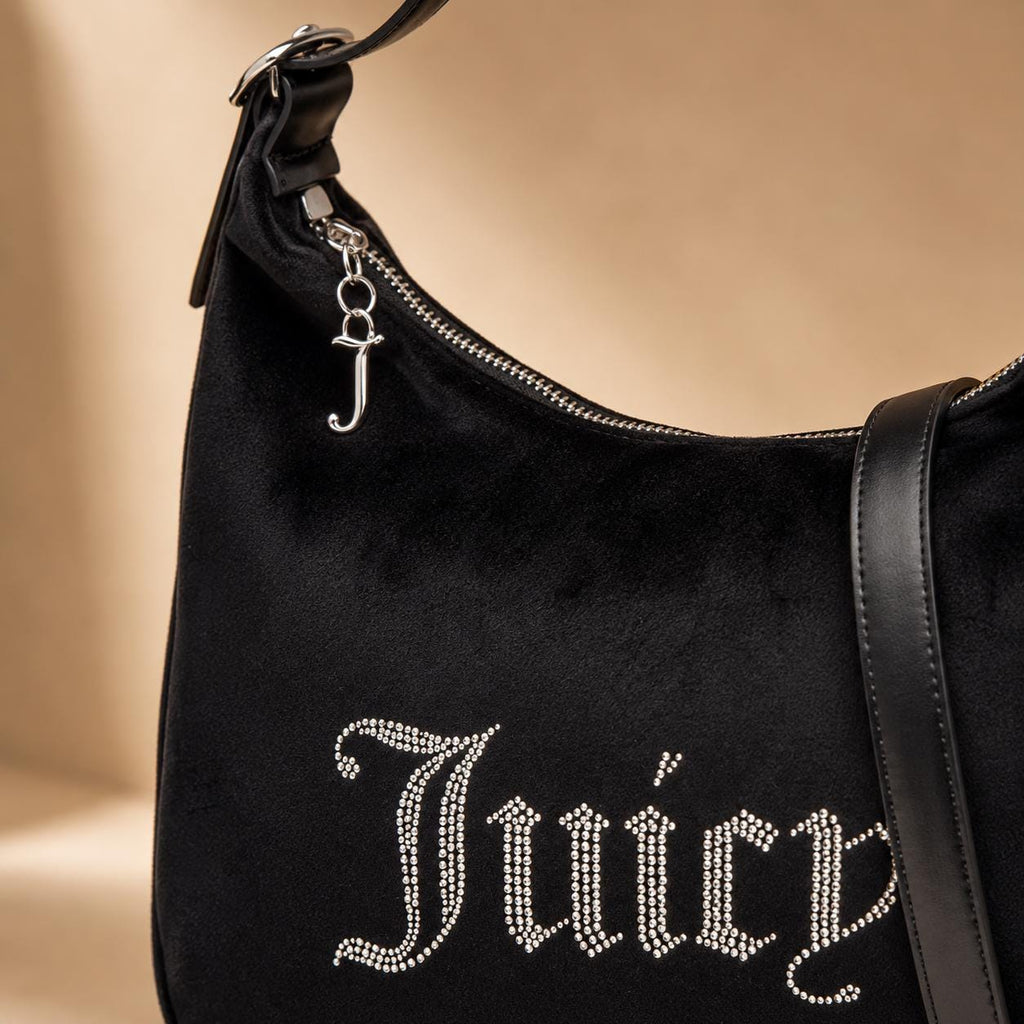 Juicy Couture Black Velour Embellished Logo Shoulder Bag