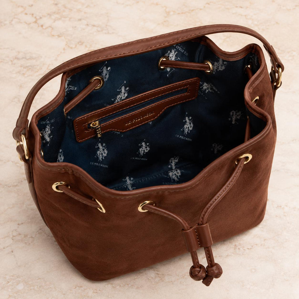 U.S. Polo Assn. Brown Suede-Look Drawstring Bucket Bag
