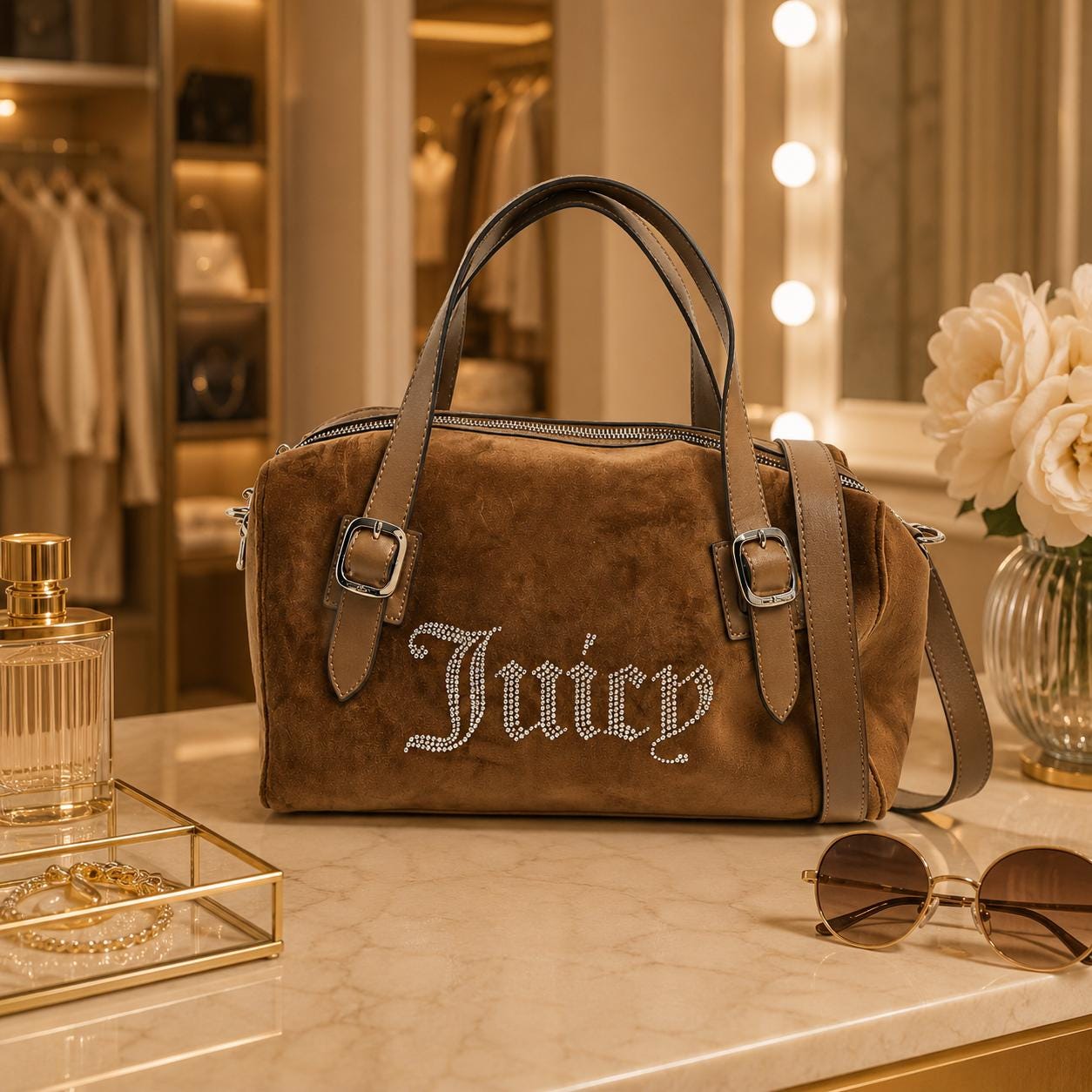 Juicy Couture Brown Velour Embellished Grab Bag