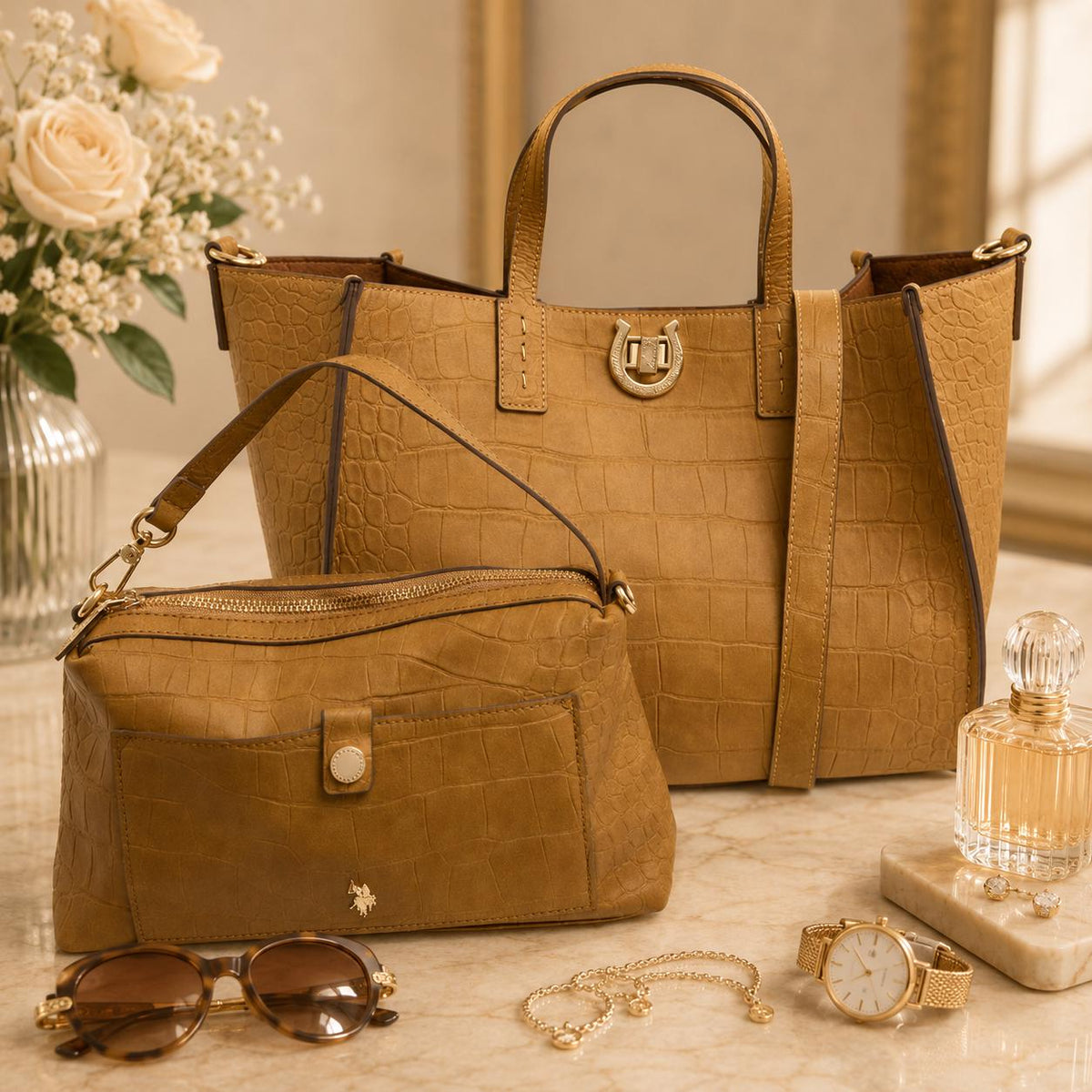 U.S. Polo Assn. Brown Reptile Effect Tote Bag