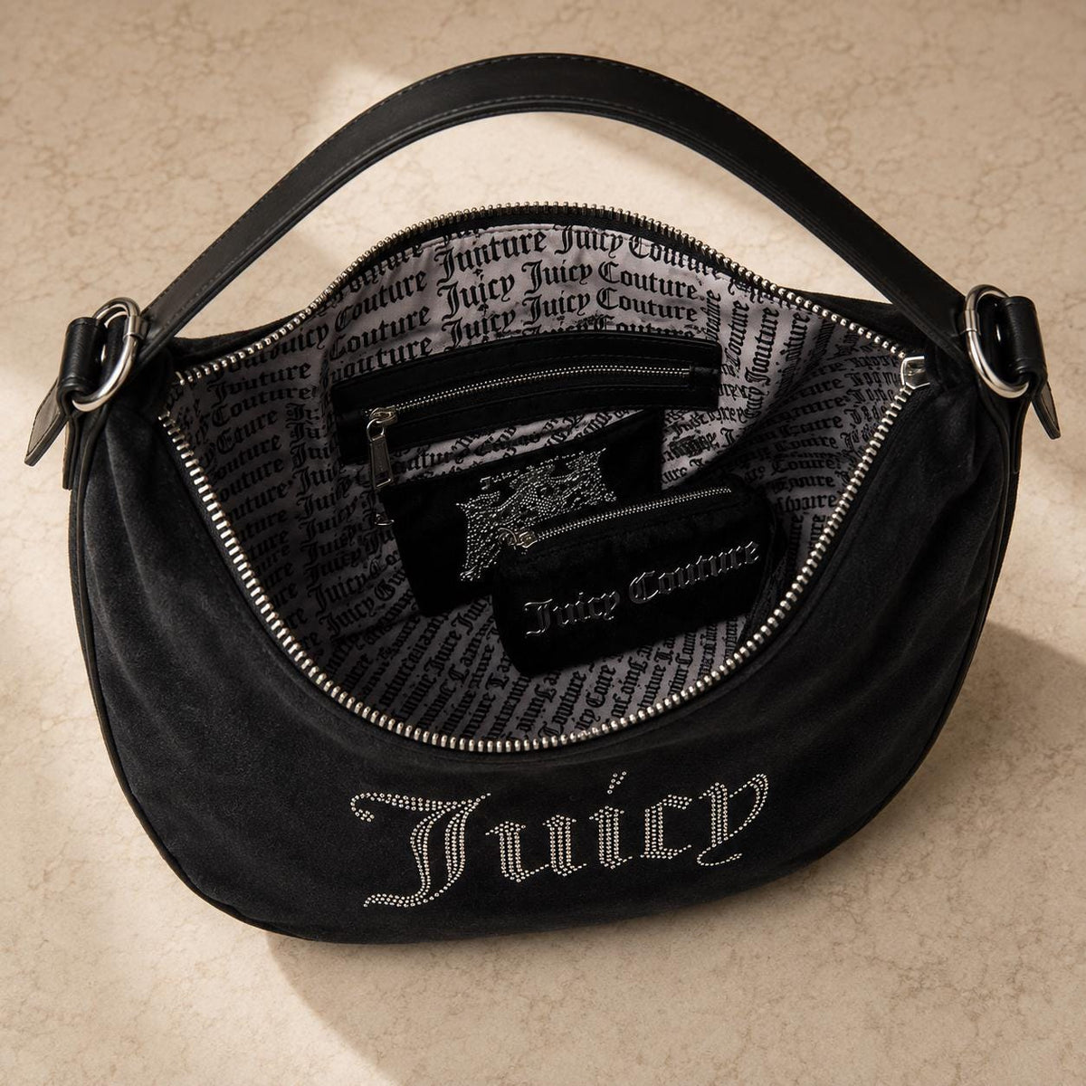 Juicy Couture Black Velour Embellished Logo Shoulder Bag
