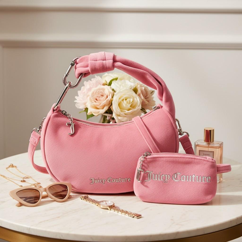 Juicy Couture Pink Velour Blossom Shoulder Bag