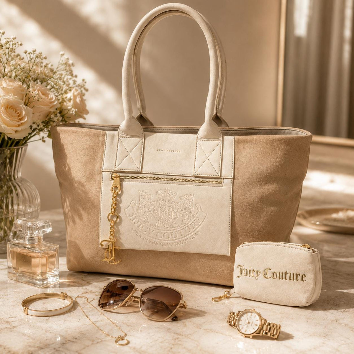 Juicy Couture Beige & Cream Tote Bag with Matching Pouch