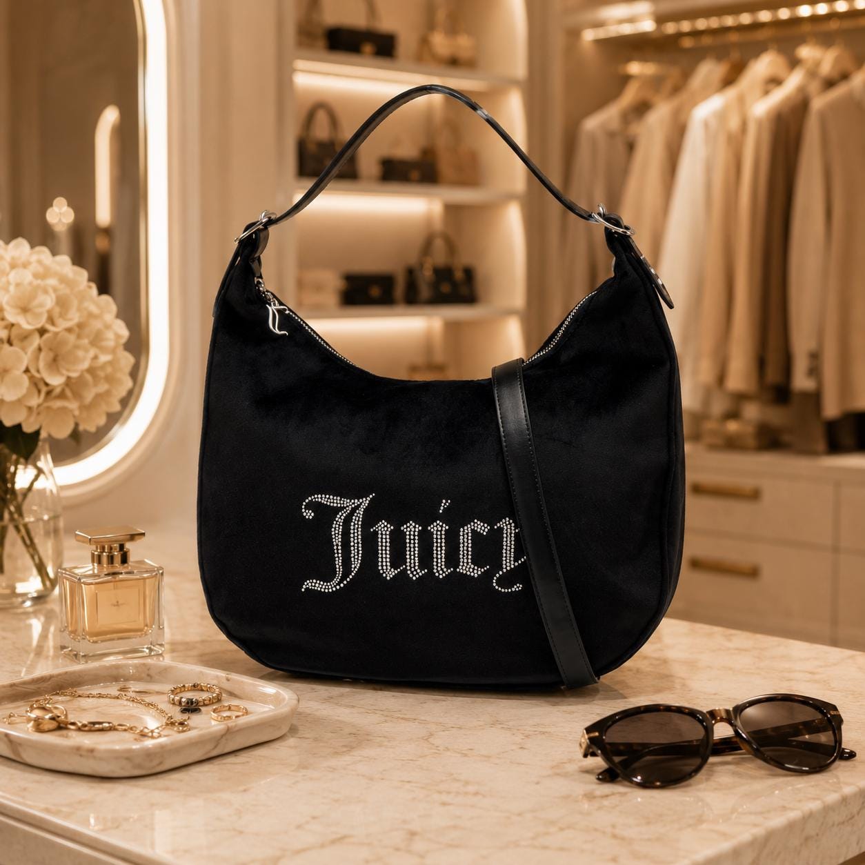 Juicy Couture Black Velour Embellished Logo Shoulder Bag
