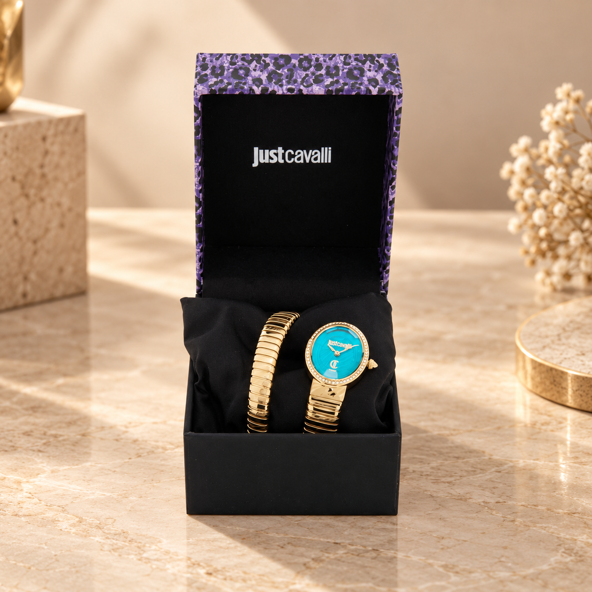 Just Cavalli Snake Wrap Watch, Gold-Tone Turquoise Crystal