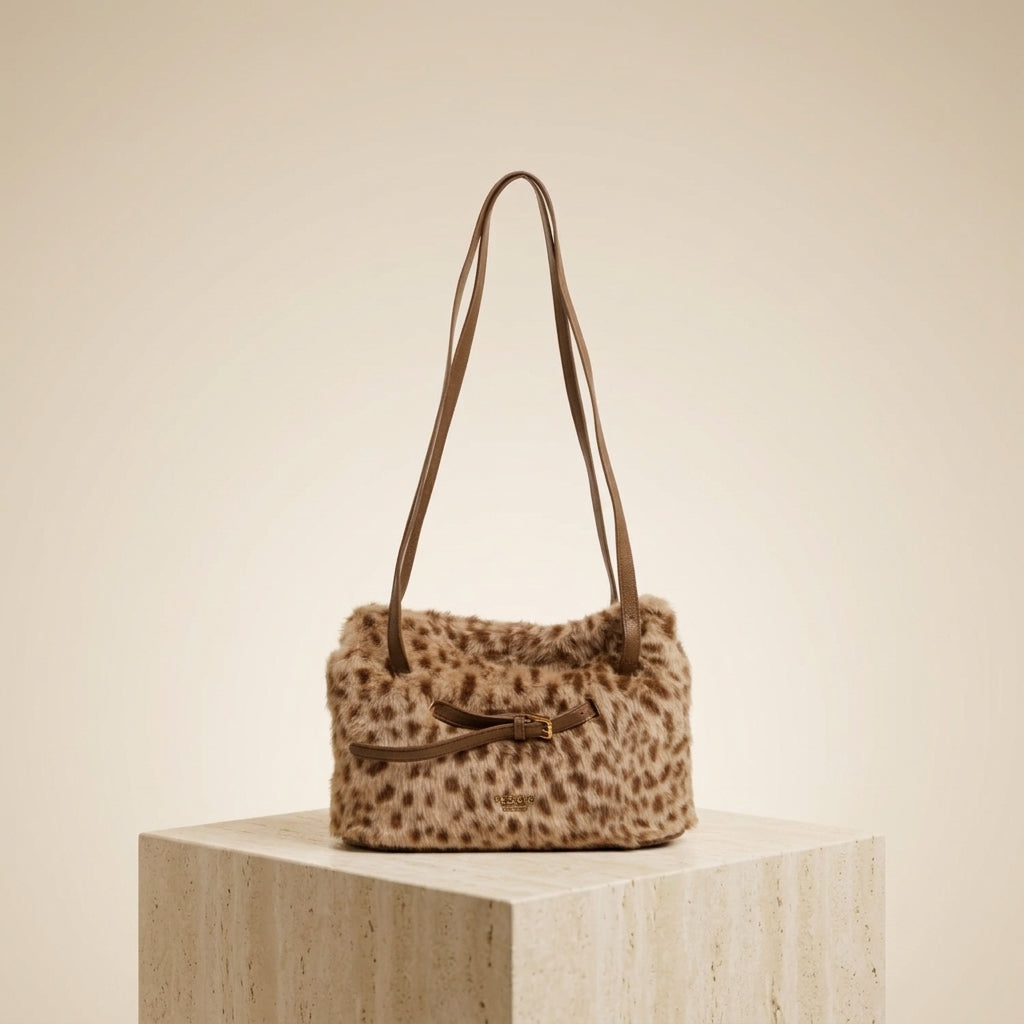 Bessie London Beige Faux Fur Animal Pattern Shoulder Bag