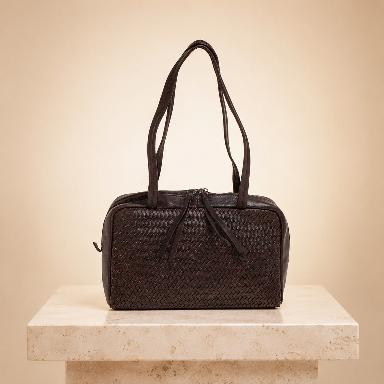 Rehard Dark Brown Leather Woven Bowling Bag