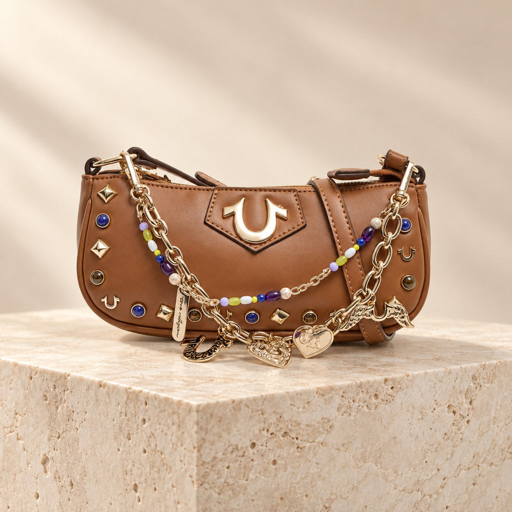 True Religion Brown Shoulder Bag, Charm Chain