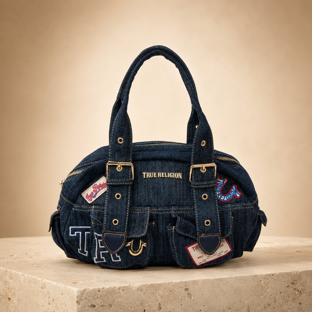 True Religion Blue Denim Multi Patch Shoulder Bag