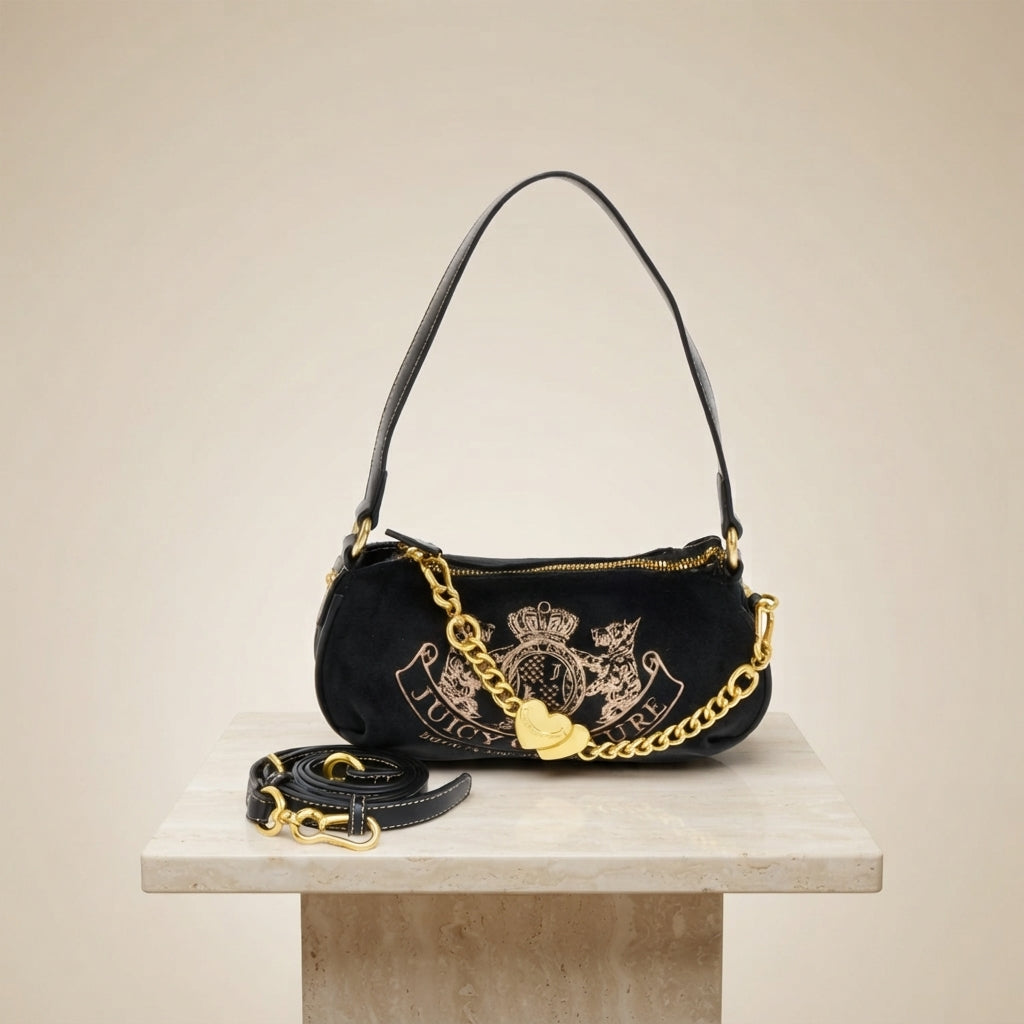 Juicy Couture Black Twig Narrative Small Velvet Hobo Cross Body Bag