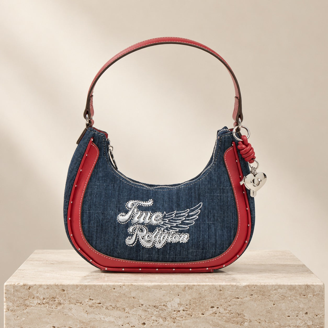 True Religion Blue & Red Crescent Hobo Shoulder Bag